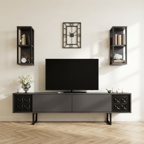 TV-Möbelset Black Line Anthrazit Schwarz Melamin 180x48x30 cm