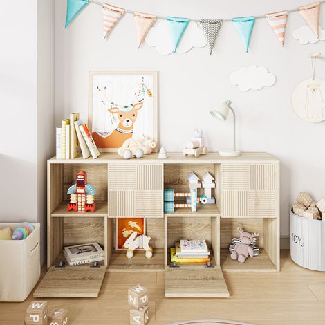 Bibliothèque Étagère Modulable 125×30×60cm Couleur Bois naturel, 8 Casiers, 4 Portes à Lamelles Style Scandinave, pour Salon Chambre (1/5)