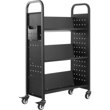 Chariot de bibliothèque à roulettes 150 kg, dimensions 77x38x122 cm, étagères en V, roues verrouillables, idéal maison bureau école noir. (1/5)