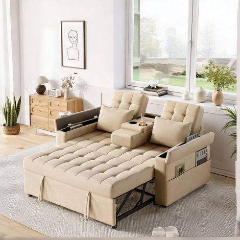 Canapé-lit 2 places en tissu beige avec rangement et dossier (1/5)