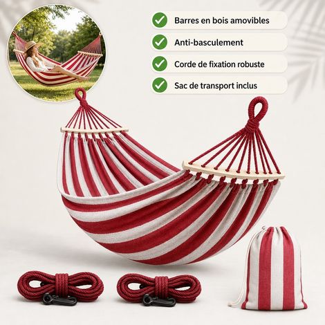 Hamac de Jardin 220 x 150 cm Toile Rouge Blanc - Hamac Double avec Barre Bois Amovible et Sangles 4 m (1/5)