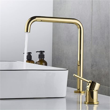 Bassin Robinet Salle de Bain Super Long Tuyau Deux Trous Rose Or/Noir Salle de Bain Robinet Robinet Tap 360 Tapot de Bassin Noir Alternatif(Gold) (1/5)