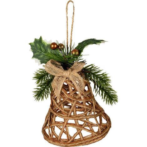Natural Rattan Bell Decoration with Branches And Ribbon - Plastic - L11 x W11 x H15 cm - Brown