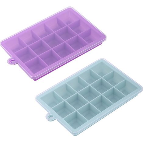 Juego de 2 bandejas de silicona para cubitos de hielo con tapa, de fácil desmolde, con 15 o 24 compartimentos, para bebidas y alimentos. (1/5)