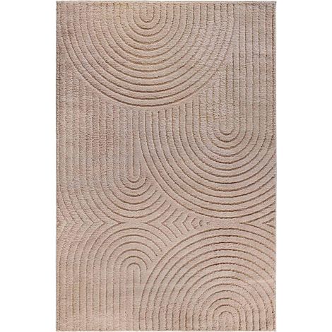 Tapis salon 80 x 120 cm, motif géométrique, beige, marron, structure relief tissée, pliable et anti perte de fibre, design graphique et chaleureux