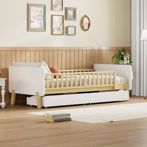 Lit pour enfant (avec deux tiroirs) — Lit simple en bois massif (avec sommier à lattes), rose (1/5)