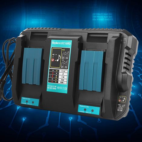 Chargeur double pour batteries avec interface USB DC18RD, compatible avec les modèles Makita BL1830 et BL1430 (prise 14,4-18 V, 110-230 V). (1/5)