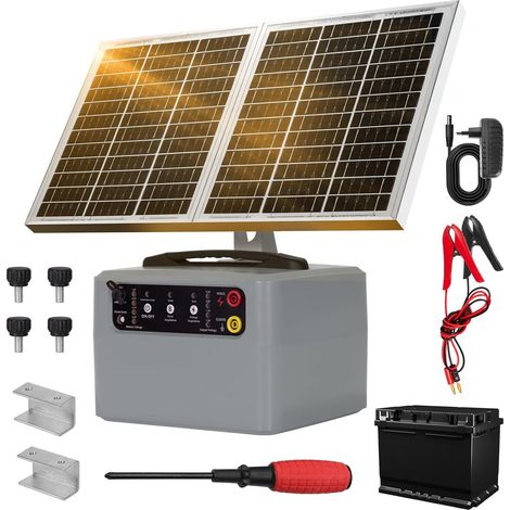48KM Clôture Électrique Solaire, 6 kV-12 KV Cloture Electrique Pour Animaux, 0,3-1,5 J Electrificateur Cloture Electrique Solaire de berger, pour ferme, pâturage, jardin (Grey) (1/5)