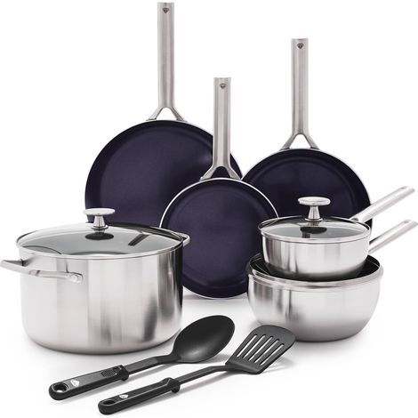 Blue Diamond Cookware Triple Steel Set Di Pentole Antiaderente in Acciaio Inox in Ceramica Rinforzata con Diamanti,11 Pezzi,Include Padella,Senza PFAS,Multistrato,Induzione,Forno,Lavastoviglie,Argento (1/4)