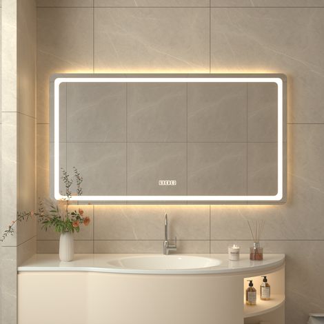 Miroir Salle de Bain 100 x 60cm, Anti-Buée, 3000K-6500K,Dimmable, Mémoire, Verre Trempé, IP44, Miroir Lumineux LED, Interrupteur Tactile, Horizontal/Vertical (1/5)