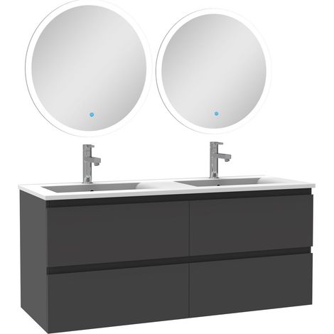 Ensemble meubles Salle de Bain 120cm double vasque + miroir lumineux rond Anthracite