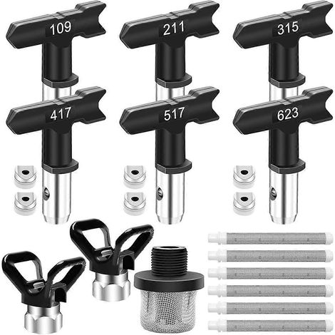 Kit de 15 embouts pour pistolet à peinture sans air, comprenant des buses réversibles avec entretoise, filtre, crépine d'aspiration et protections d'embouts - FFY (1/4)