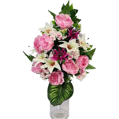 Centre de Fleurs artificielles pour cimetière Églises Mariages Centre de Fleurs pour Les Saints Rose et Blanc 65X40 cm Vase à introduire dans Les vases de Niche ou de sépulture (1/2)
