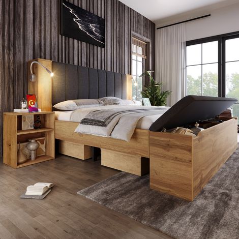 Cama doble 180x200 cm de madera y metal color roble con cabecero abatible, luz USB y almacenaje