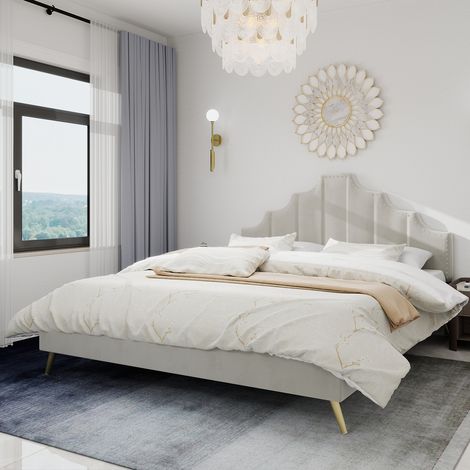 Cama con almacenaje de 140x200 cm, cama doble, somier de láminas acolchado, estructura metálica y textil, colchón no incluido, color beige (1/5)