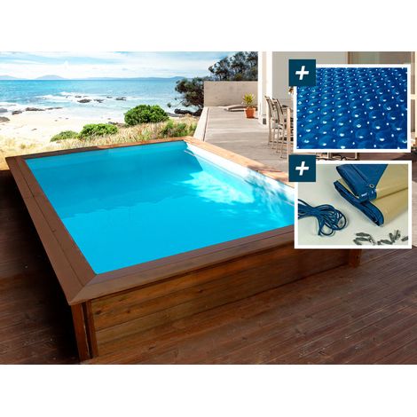 Piscina rettangolare in legno Toledo - 3,00 x 2,00 x 0,71 m - Copertura a bolle 180 µ - Copertura invernale 280 g/m².