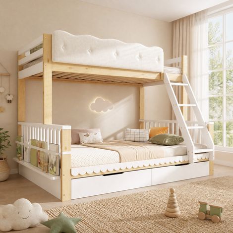 Cama litera infantil 90x200/140x200 cm con almacenaje, blanco y roble OKMYHOME (1/5)
