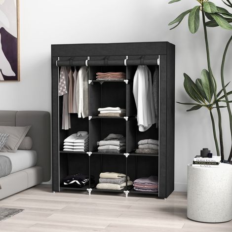 Armadio in tessuto nero 125x43x162,5 cm con ripiani per camera FloraGrace (1/5)