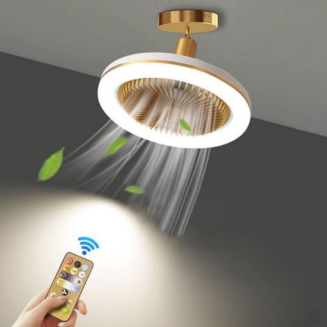 Silencieux Ventilateur de Plafond avec 30W LED Lampe Intégrée et Télécommande Dimmable E27 Petit Lampe de Plafond Ventilateur Chambre Salle a Manger Cuisine Plafonnier Angle Réglable/éventail doré à b (1/5)