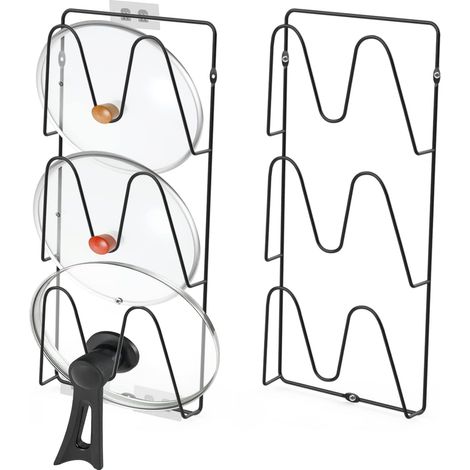 Lot de 2 supports à couvercles de casseroles - Porte-couvercles à 3 niveaux, fixation murale adhésive sans perçage, pour porte de placard de cuisine, noir (1/5)