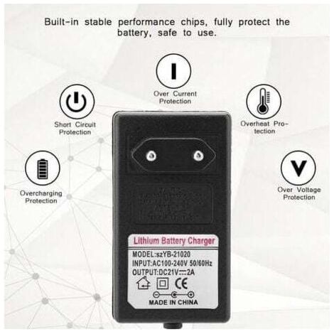 Alimentation de charge sécurisée pour batteries lithium-ion – Prise standard européenne, tension alternative 100-240 V – Sortie CC 21 V 2 A – Compatible avec les appareils 21 V (1/3)