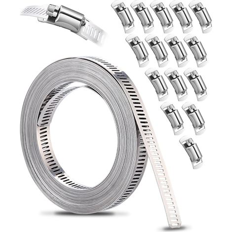 6m Collier de Serrage Métallique, 304 Collier de Serrage Inox avec 15 Pièces Fixation, Kit de Colliers de Serrage Réglable, pour Tuyaux, Gaz, Eau, Voiture, Machine à Laver, Jardin (1/5)