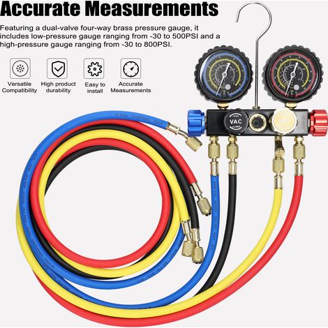 Kit de manomètres pour le chargement de réfrigérant de climatisation : manomètre à double valeur 4 voies avec tuyau de 1,5 m et raccords rapides en laiton pour réfrigérants R22/R134a/R410a. (1/5)