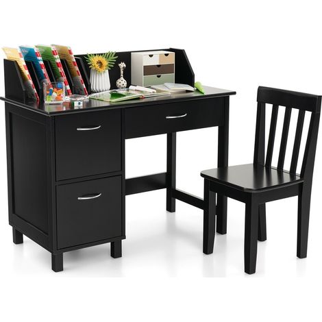 COSTWAY Kids Desk and Chair Set Wooden Children Study Table & Chair Writing Table Black (1/5)