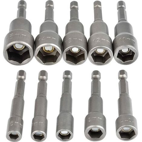 Jeu de 10 douilles hexagonales magnétiques, clé à chocs 6-15 mm, adaptateur pour douilles hexagonales magnétiques 1/4". (1/5)