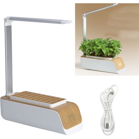 LED-Pflanzenlampe, Tisch-Hydroponiklampe, Pflanzgefäß, Dekoration für Topfsukkulenten, Hydroponik-Anbau für Gemüse und Obst in Innenräumen, weiße Holzoptik, USB-Stromversorgung. (1/5)