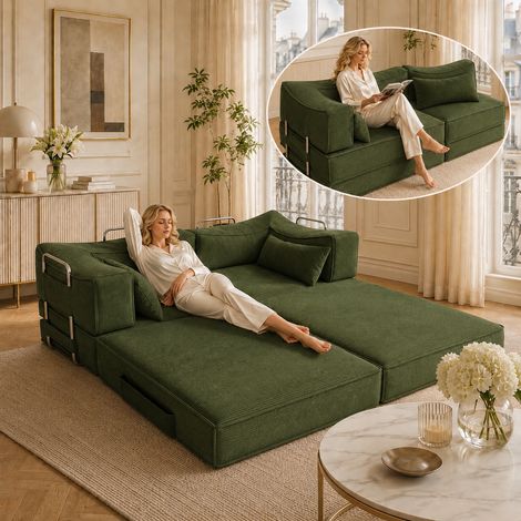 WUMAGIN - Canapé-lit Compressible Convertible - 2/4 Place - Velours Côtelé-Garniture éponge- 164x74x40cm - Pour Salon, Chambre - Vert (1/5)