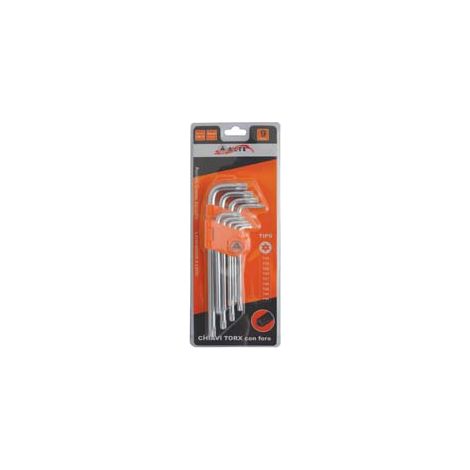 CHIAVI MASCHIO TORX CON FORO TIPO MEDIO CROMO VANADIO IN SERIE 9 PEZZI - 2 blister ALTE