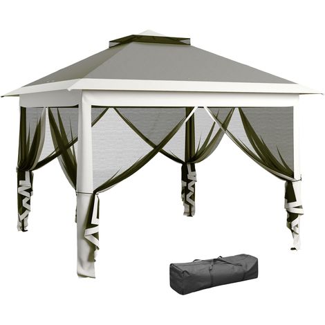Pop Up Canopy Tent with Double Roof, Zipped Mesh Sidewalls, Carrying Bag, Height Adjustable for Patio Garden, Dark Grey
