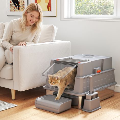 Litière pour chat XXL en acier inoxydable 130 L avec couvercle rabattable à 180°, parois hautes, pelle, marchepied, 70x50x43 cm, Gris (1/5)