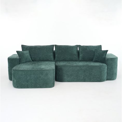 Divano angolare, divano da 3 posti, tasche laterali, 5 cuscini, in tessuto felpa (chenille), verde (1/5)