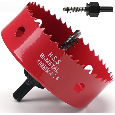 Hole Saw 108 mm, Bi-Metal Wood Hole Saw with Hex Adapter and Centre Bit, HSS M42 for Iron, Aluminium, Wood, Plasterboard, Red (1/5)