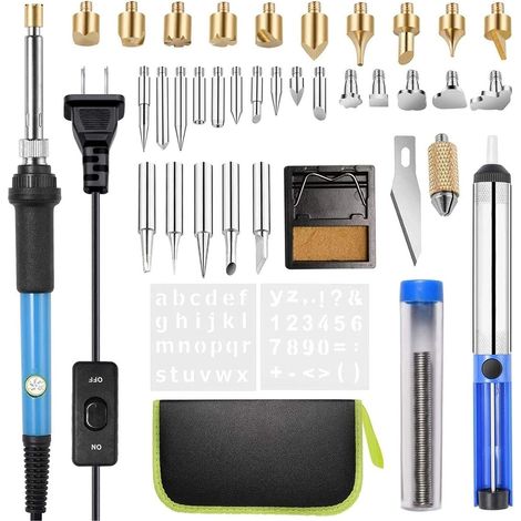 Kit Fer à Souder 60W Réglable Tension, Graveur Bois Pyrographe avec Stylet, Set Soudure et Gravure sur Bois, Outillage Multifonction (Gris, Prise UE) (1/4)