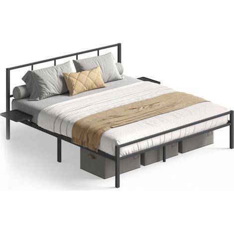 Lit double lit 2 personnes cadre de lit en métal avec étagères de rangement lit adolescent adapté pour matelas 190 x 140 cm montage facile noir classique (1/5)