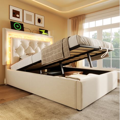 Cama con almacenaje 90x200 cm con LED, USB y Type-C, tapizada en terciopelo beige HAVRYA (1/5)