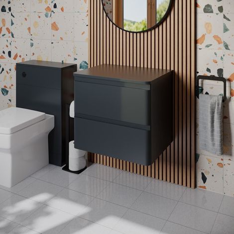 Bathroom Cloakroom Vanity Unit 600mm Wall Hung Cabinet Drawer Anthracite Grey (1/4)