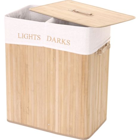 Wäschekorb HHG-153, Laundry Wäschebox Wäschesammler Wäschebehälter, Bambus 2 Fächer 63x55x34cm 100l naturfarben