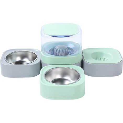 Automatischer Wasserspender und Futternapf für Hunde und Katzen, 2 erstickungssichere Futternäpfe, grün und grau, für Welpen und Kätzchen (1/5)