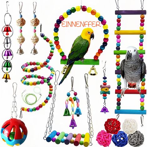 Ensemble 15 jucarii papagal EINNENFFER, Din lemn colorat Juca Multicolor Lemn Sigure Pentru papagali si alte pasari mici