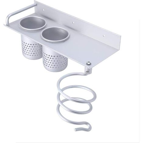 Silberner Wandorganizer (29×12×10 cm) aus Aluminium mit 2 Bechern: Aufbewahrung für Föhn + Zahnbürsten (1/5)