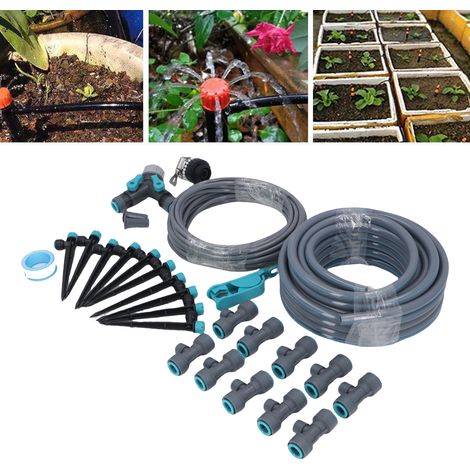 Sistema de riego por goteo de 9 metros de largo, 8 orificios, conjunto de nebulización y aspersión, preciso y adaptable para jardín, invernadero y césped. (1/5)