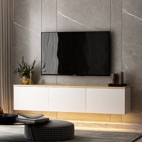 Mobile Porta tv Marazzi, 3 Ante, Luci led Incluse, 3 Vani, 160x32x35h cm Bianco (1/5)