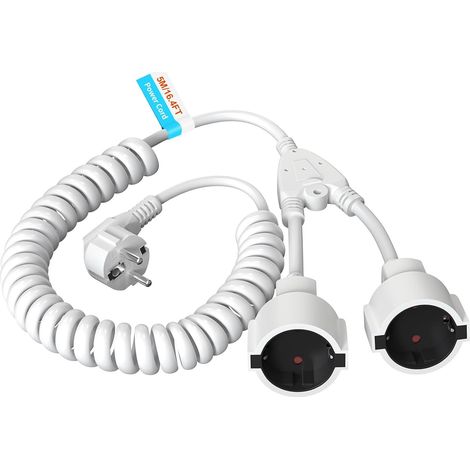Rallonge spiralée 5 m, contact de protection - Câble spiralé extensible IP20 avec 2 prises - Double fiche Schuko 3 x 1,0 mm² (230 V/16 A) - Blanc (1/5)