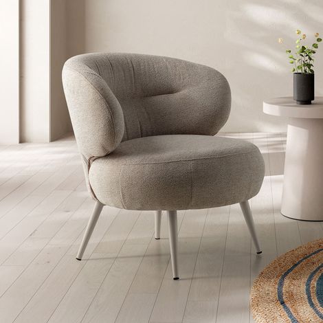 Fauteuil de salon rond en tissu texturé et métal beige (1/5)