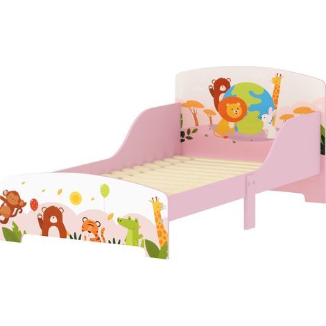 Lit enfant lit au sol enfant motif animal 140 x 70 cm avec sommier à lattes en bois design bas sécurisé rose (1/5)