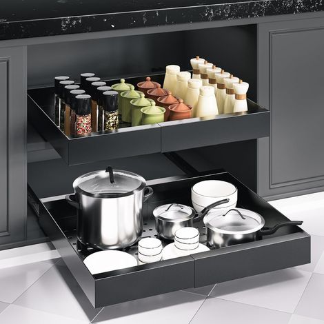 2x Tiroir Télescopique Réglable 31-52 cm – Organisateur de Cuisine Noir Anti-Dérapant pour Meubles et Placards (43x7,5 cm) Noir (1/5)